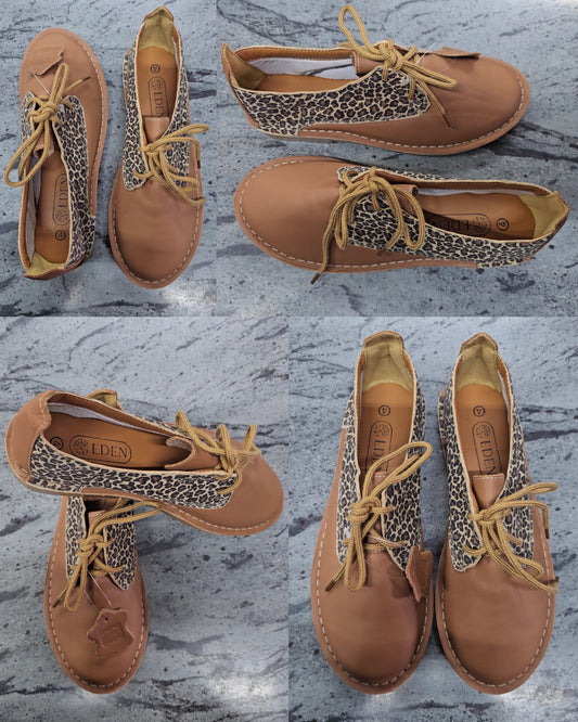 Genuine Leather Tan & Leopard Vellies