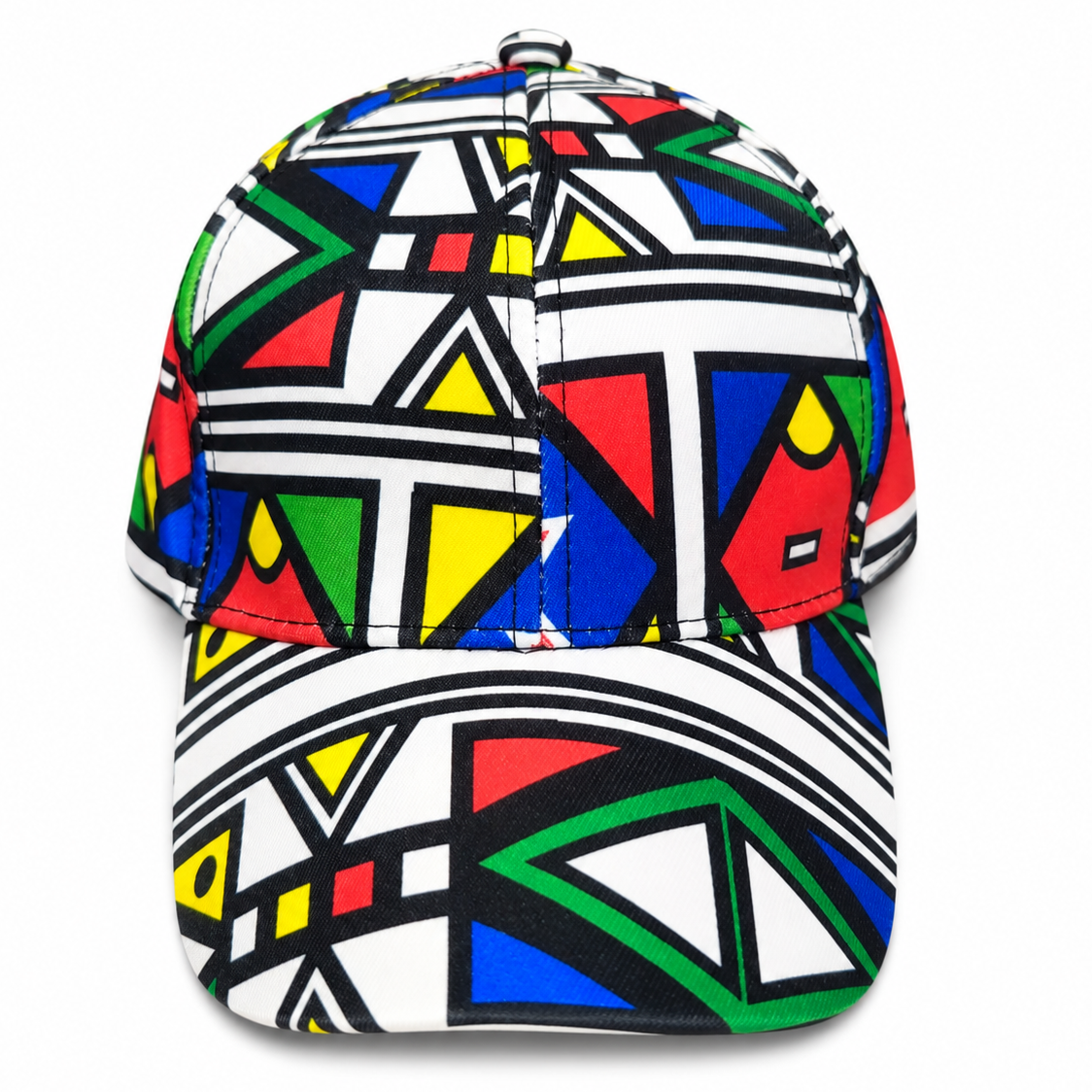 A structured baseball cap featuring a vibrant, multicolored geometric pattern with triangles and stripes in red, blue, green, yellow, black, and white, set against a plain white background.