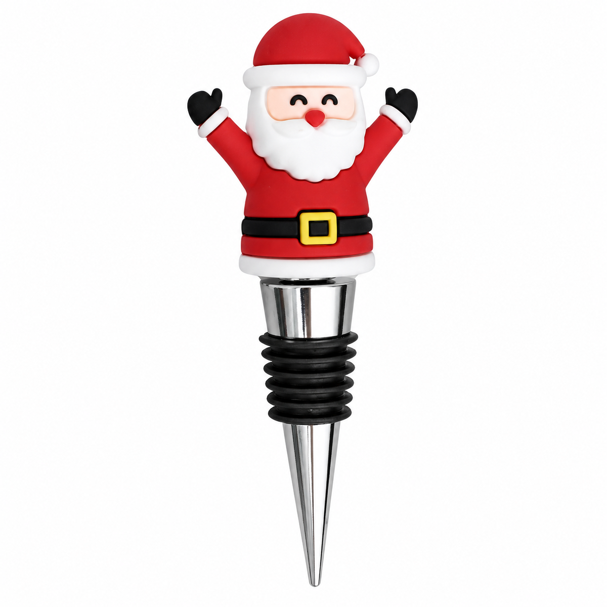 A festive wine bottle stopper shaped like a smiling Santa Claus, featuring a red and white suit with a black belt and gold buckle, set on a silver metal spike with a black rubber grommet.
