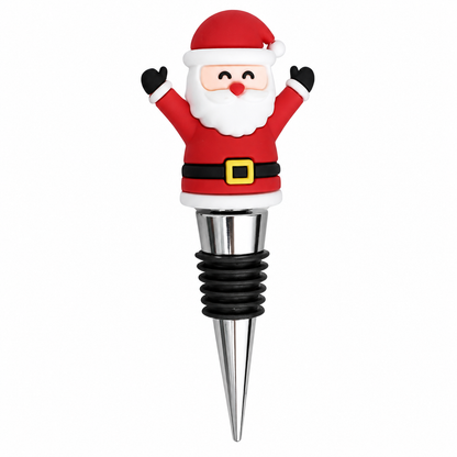 A festive wine bottle stopper shaped like a smiling Santa Claus, featuring a red and white suit with a black belt and gold buckle, set on a silver metal spike with a black rubber grommet.