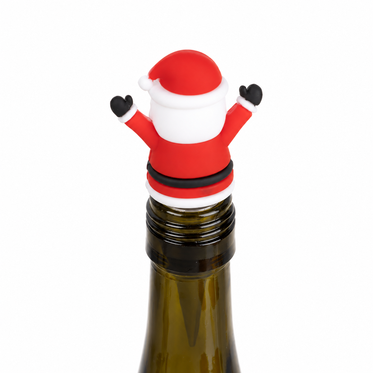 A Santa Claus-shaped bottle stopper resting on the neck of a dark glass bottle, isolated on a white background.