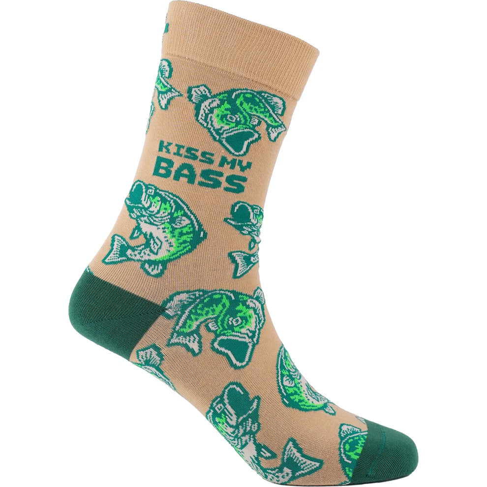A single crew sock in beige with green bass fish illustrations and the text 'KISS MY BASS' on the side, finished with a dark green heel and toe, shown on a white background.