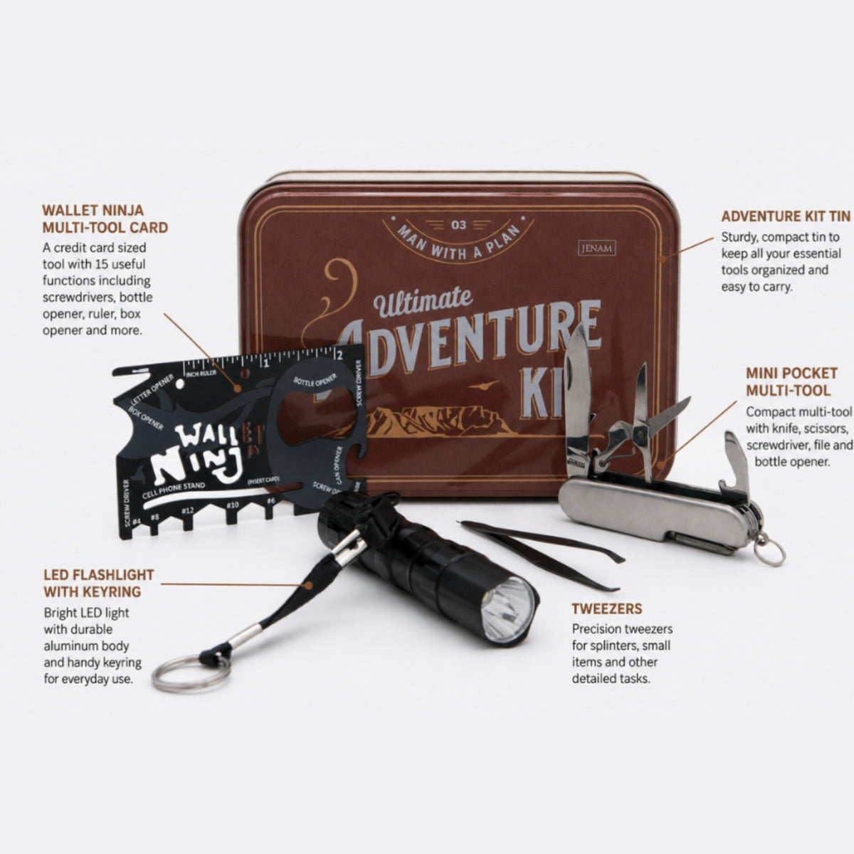 Ultimate Adventure Kit multi-tool set displayed with its brown metal tin on a white background, surrounded by callout lines and text labels describing each included tool: wallet ninja multi-tool card, LED flashlight with keyring, mini pocket multi-tool, tweezers, and an adventure kit tin.