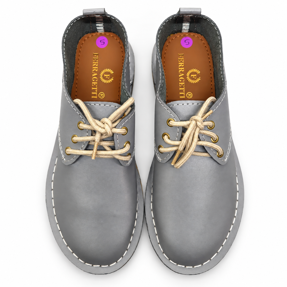 Grey lace-up veldskoen made from genuine leather in South Africa. True-to-size fit, with minor cosmetic imperfections that don’t affect durability. Shop online.