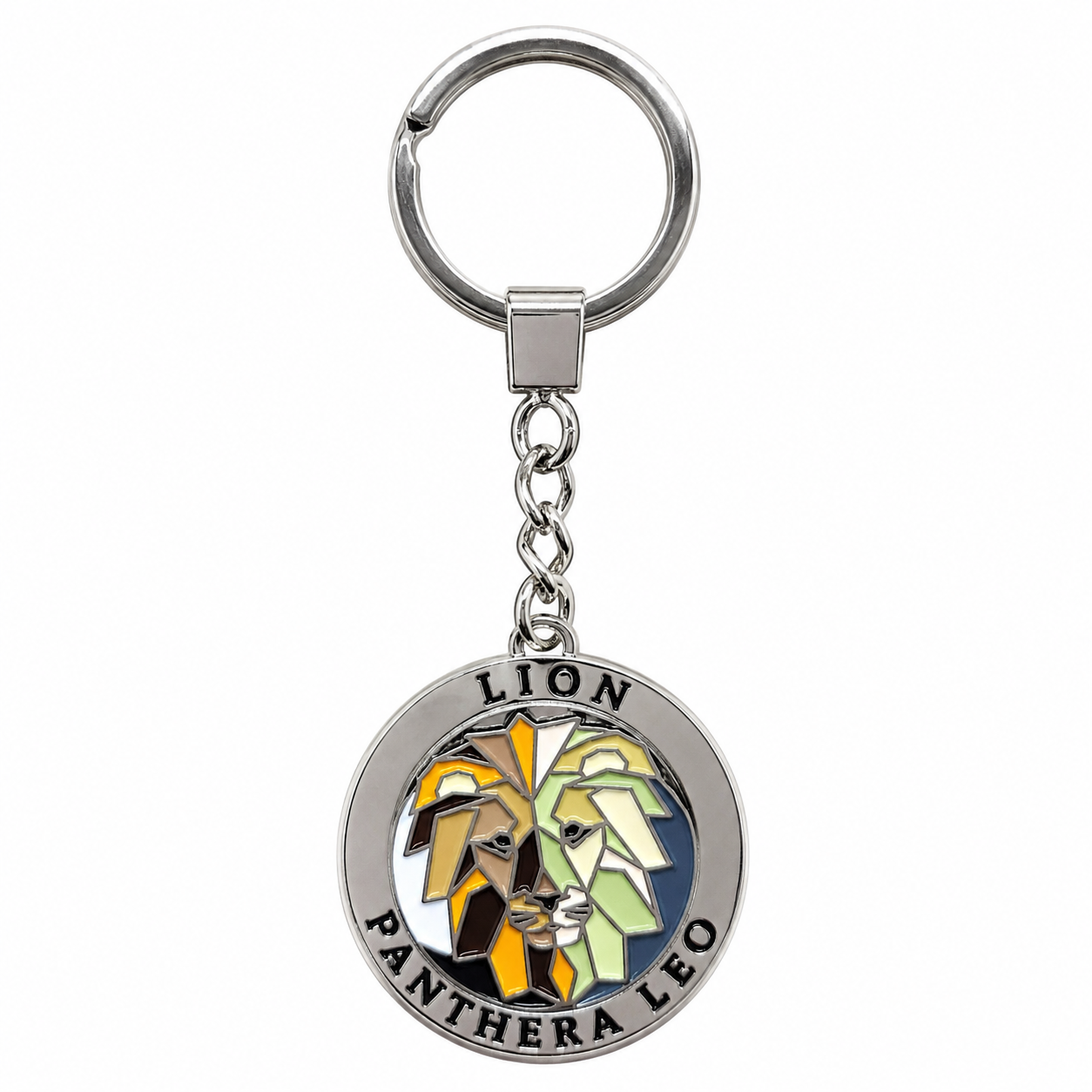 A silver metal keychain featuring a circular charm with a lion and panthera design and the text 'LION PANTHERA LEO' on a white background.