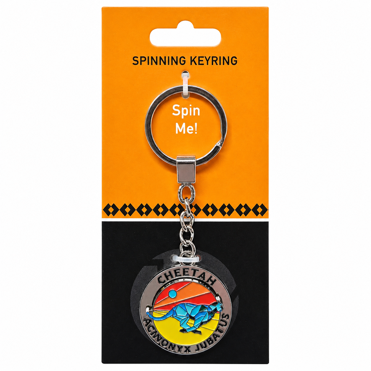 A silver metal spinning keyring attached to an orange and black retail card that reads 'SPINNING KEYRING' and 'Spin Me!'. The round charm features a colorful cheetah and sun design with the text 'CHEETAH ASTRONOMY X JUPITER'.