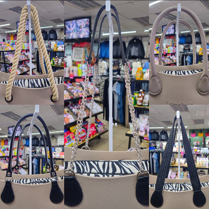 A six-panel collage showing different color and handle options for a pebbled leather tote bag with a black and white zebra print lining. The bags feature rope handles, woven handles, and chain handles, shown hanging in a retail store.
